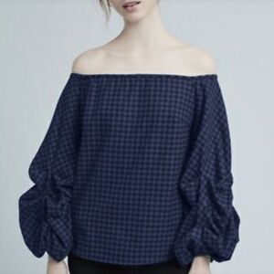 Anthropologie Guest Editor Off Shoulder Navy Checkered Plaid Flannel Top Women M